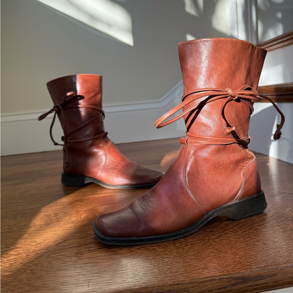JOAN & DAVID Tie Leather Boots‎ Boho Slouchy Brown Square Toe Cottagecore 6.5